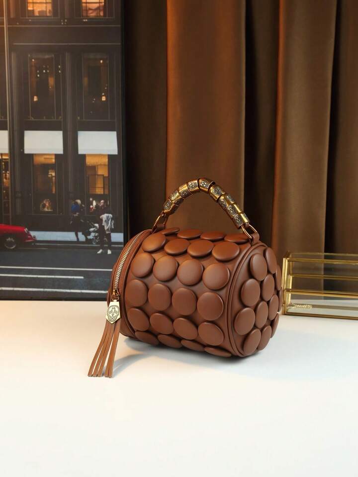 CM-BGS437667 Women Trendy Seoul Style Dotted Pattern Bolster Pillow Shaped Cylinder Bag - Brown