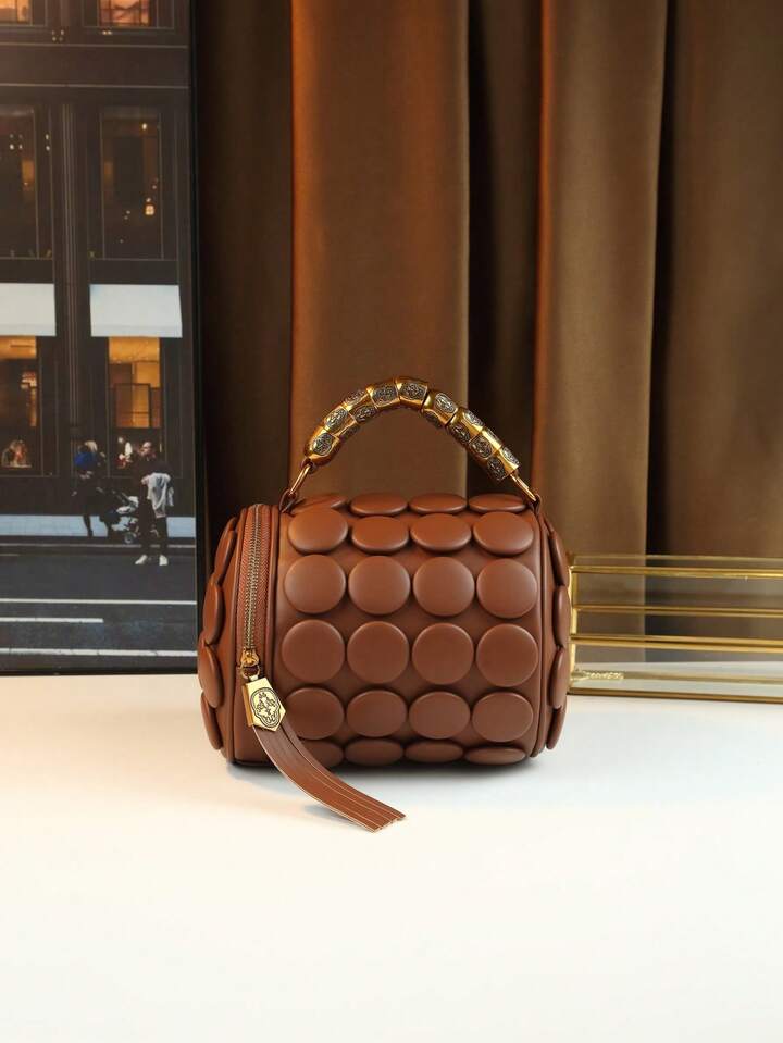 CM-BGS437667 Women Trendy Seoul Style Dotted Pattern Bolster Pillow Shaped Cylinder Bag - Brown