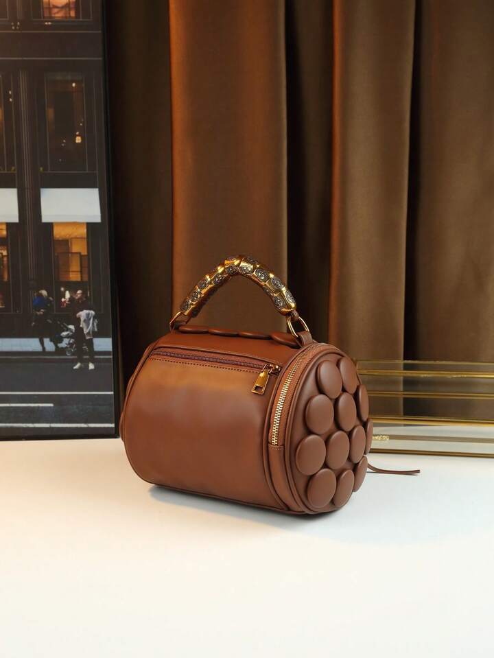 CM-BGS437667 Women Trendy Seoul Style Dotted Pattern Bolster Pillow Shaped Cylinder Bag - Brown