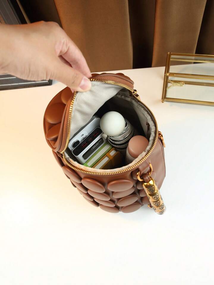 CM-BGS437667 Women Trendy Seoul Style Dotted Pattern Bolster Pillow Shaped Cylinder Bag - Brown