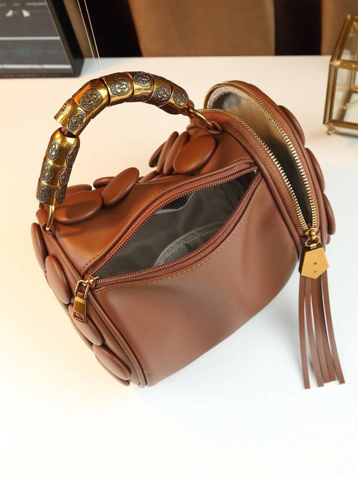 CM-BGS437667 Women Trendy Seoul Style Dotted Pattern Bolster Pillow Shaped Cylinder Bag - Brown