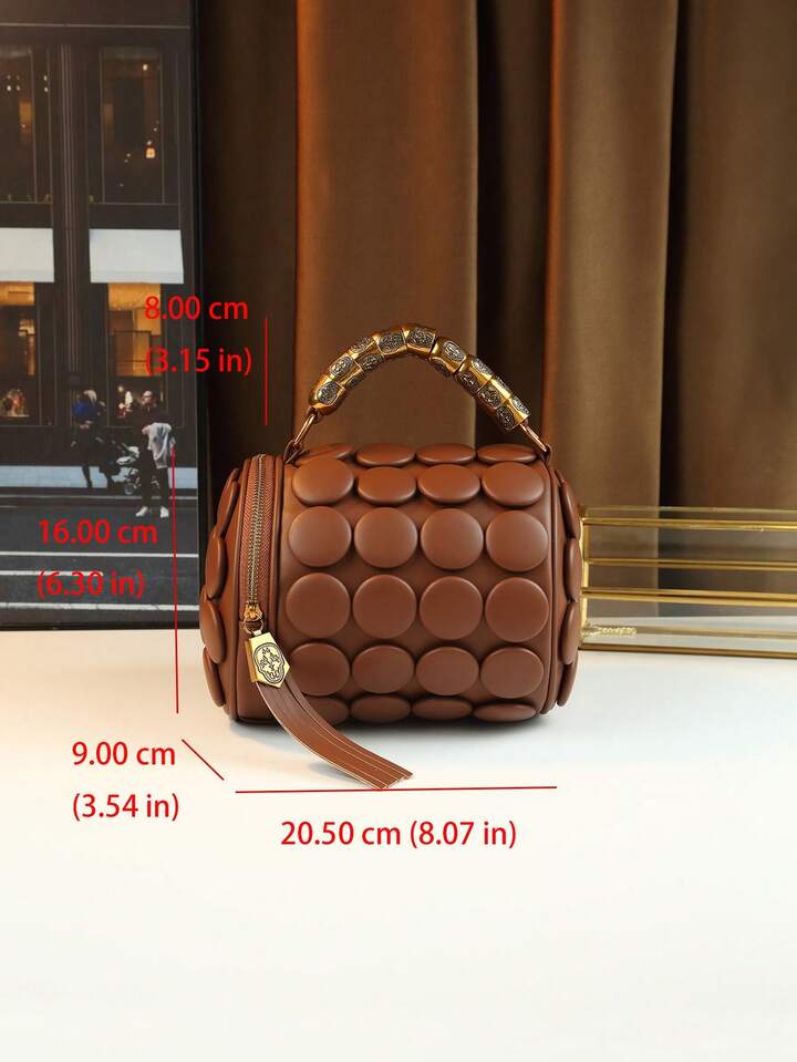 CM-BGS437667 Women Trendy Seoul Style Dotted Pattern Bolster Pillow Shaped Cylinder Bag - Brown