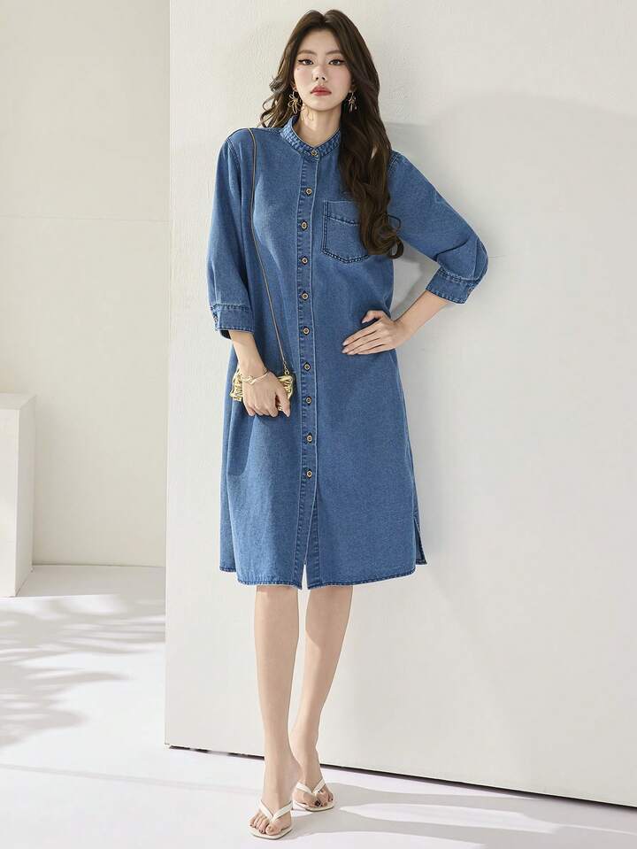 CM-DS218444 Women Casual Seoul Style Medium Wash Stand Collar 3/4 Sleeve Loose Front Button Denim Midi Dress