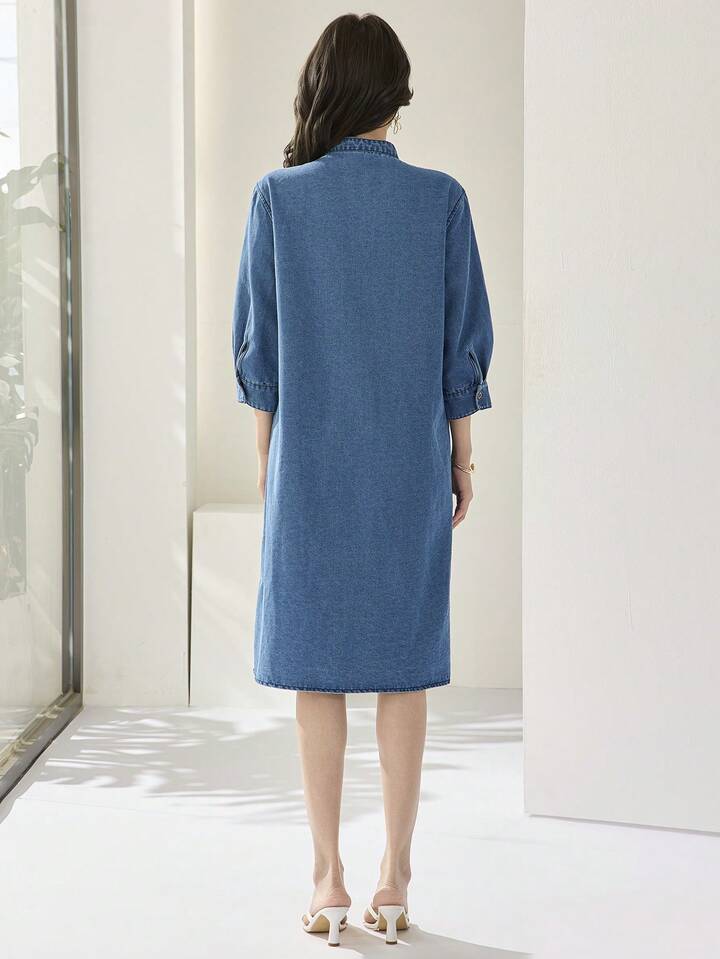 CM-DS218444 Women Casual Seoul Style Medium Wash Stand Collar 3/4 Sleeve Loose Front Button Denim Midi Dress