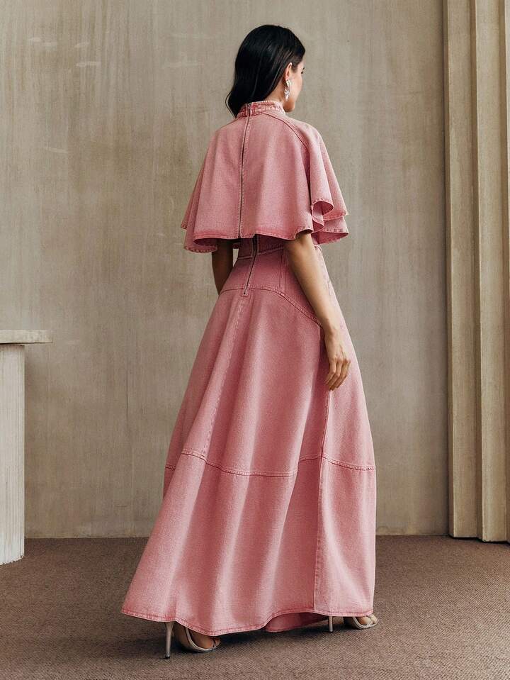 CM-SS051194 Women Elegant Seoul Style Stand Collar Half Sleeve  Denim Cape Sleeve Top With Peplum Hem Skirt - Set