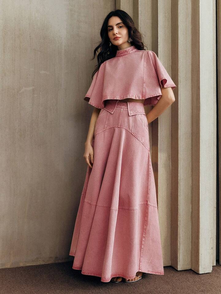 CM-SS051194 Women Elegant Seoul Style Stand Collar Half Sleeve  Denim Cape Sleeve Top With Peplum Hem Skirt - Set