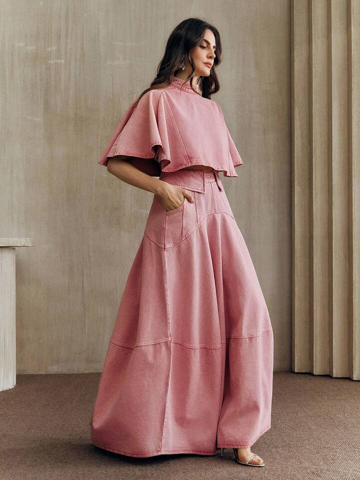 CM-SS051194 Women Elegant Seoul Style Stand Collar Half Sleeve  Denim Cape Sleeve Top With Peplum Hem Skirt - Set