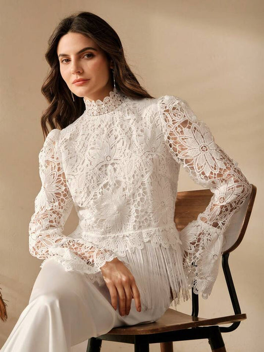CM-TS101625 Women Elegant Seoul Style Solid Color Lace Tassel Hem Stand Collar Long Sleeve Blouse - White