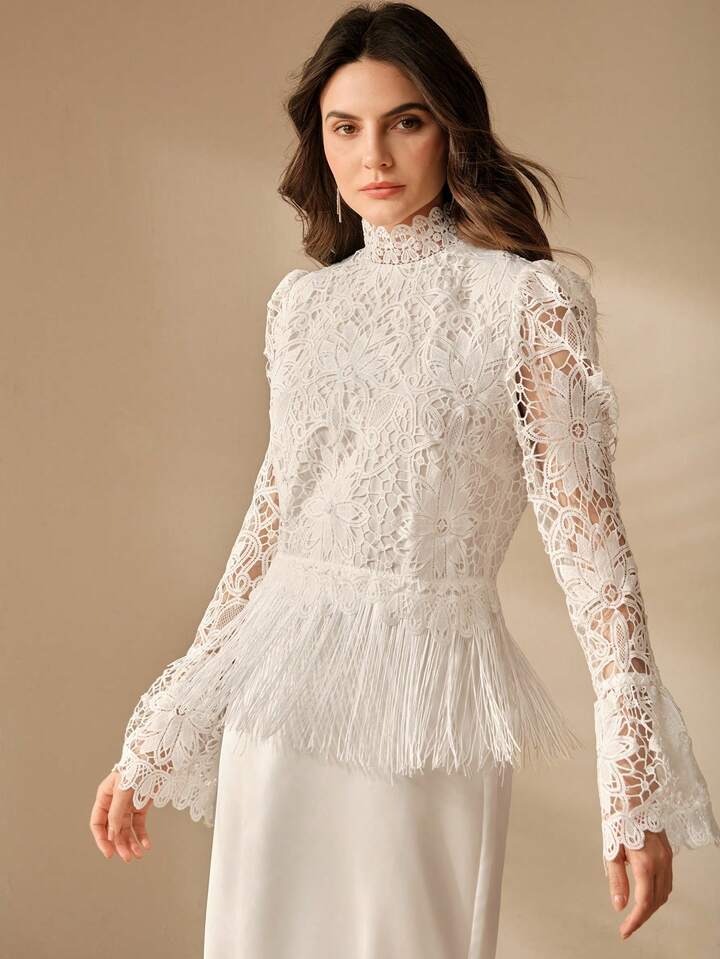 CM-TS101625 Women Elegant Seoul Style Solid Color Lace Tassel Hem Stand Collar Long Sleeve Blouse - White