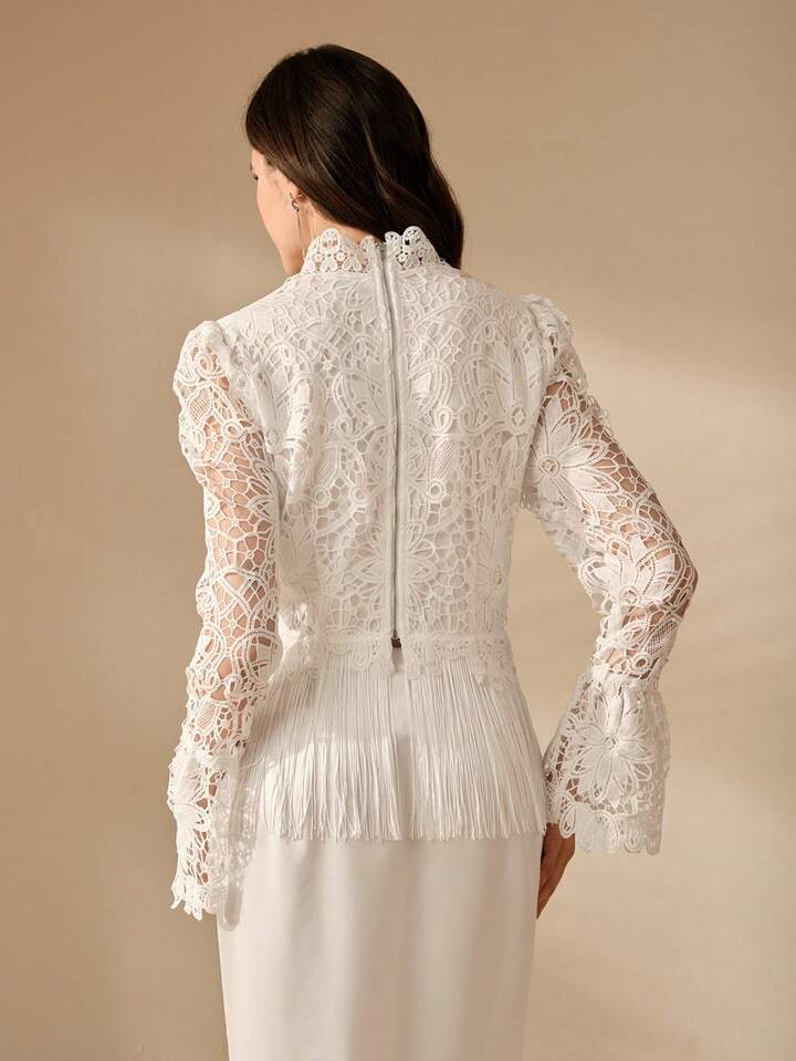 CM-TS101625 Women Elegant Seoul Style Solid Color Lace Tassel Hem Stand Collar Long Sleeve Blouse - White