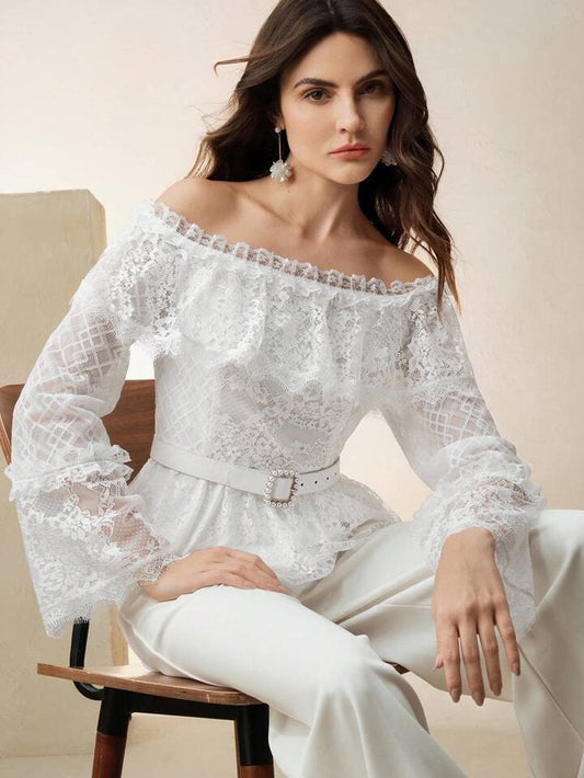 CM-TS399689 Women Elegant Seoul Style Solid Color Off-Shoulder Half-Sheer Lace Back Zipper Design Top - White
