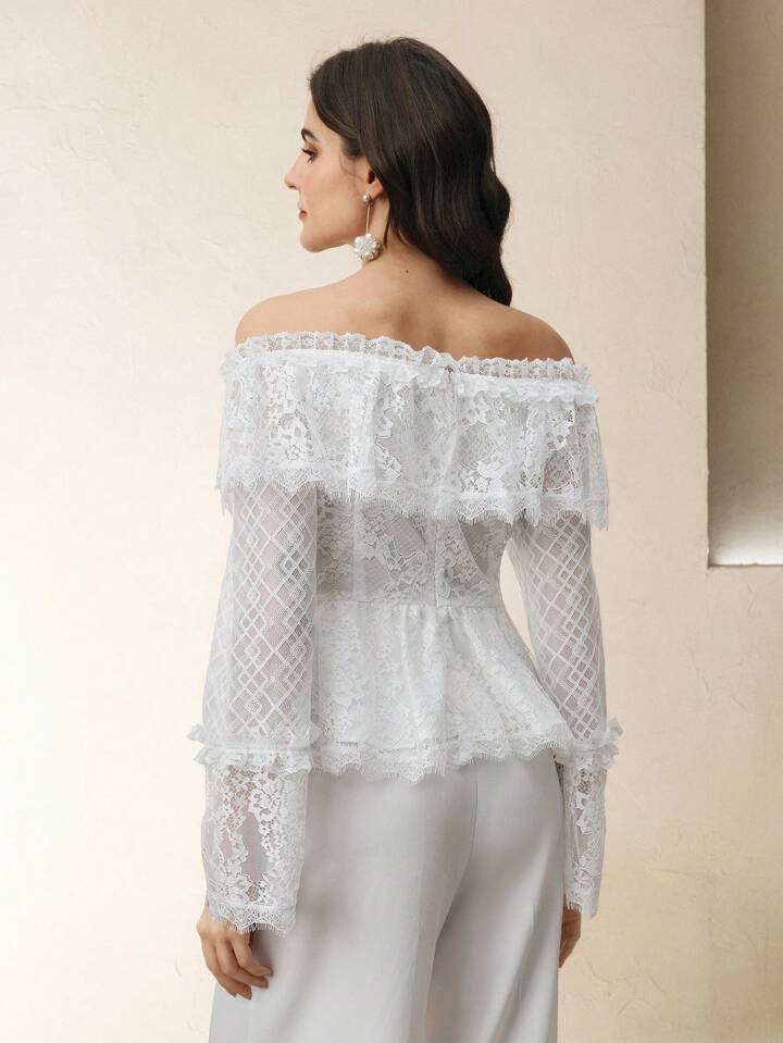 CM-TS399689 Women Elegant Seoul Style Solid Color Off-Shoulder Half-Sheer Lace Back Zipper Design Top - White