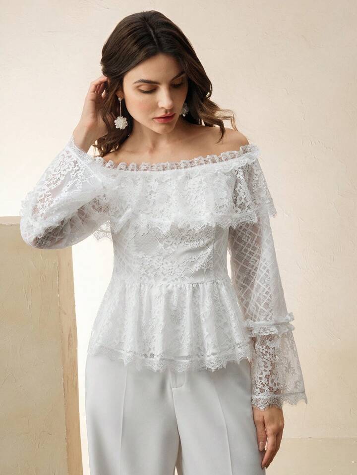 CM-TS399689 Women Elegant Seoul Style Solid Color Off-Shoulder Half-Sheer Lace Back Zipper Design Top - White