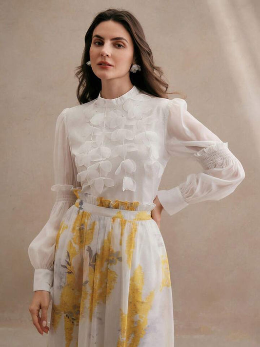 CM-TS319441 Women Elegant Seoul Style Bubble Decor Stand Collar Long Sleeve Blouse - White