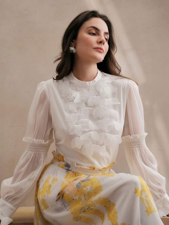 CM-TS319441 Women Elegant Seoul Style Bubble Decor Stand Collar Long Sleeve Blouse - White