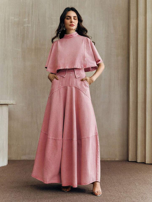 CM-SS051194 Women Elegant Seoul Style Stand Collar Half Sleeve  Denim Cape Sleeve Top With Peplum Hem Skirt - Set