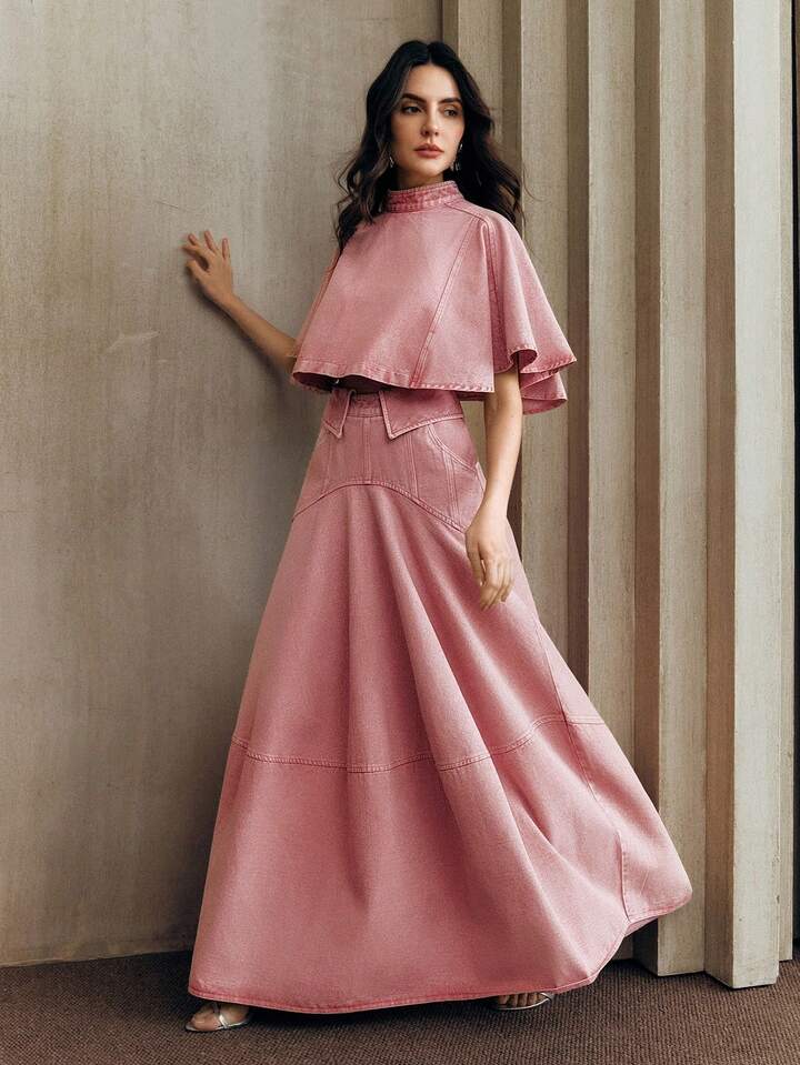 CM-SS051194 Women Elegant Seoul Style Stand Collar Half Sleeve  Denim Cape Sleeve Top With Peplum Hem Skirt - Set