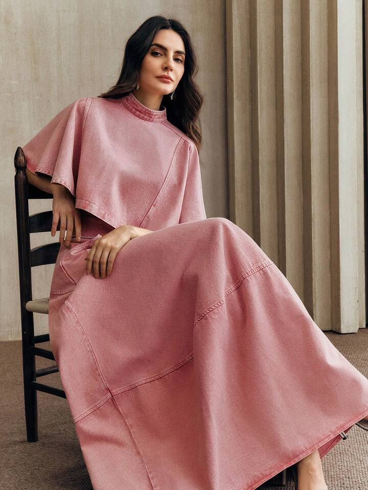 CM-SS051194 Women Elegant Seoul Style Stand Collar Half Sleeve  Denim Cape Sleeve Top With Peplum Hem Skirt - Set