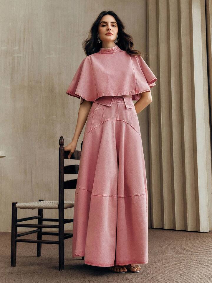 CM-SS051194 Women Elegant Seoul Style Stand Collar Half Sleeve  Denim Cape Sleeve Top With Peplum Hem Skirt - Set