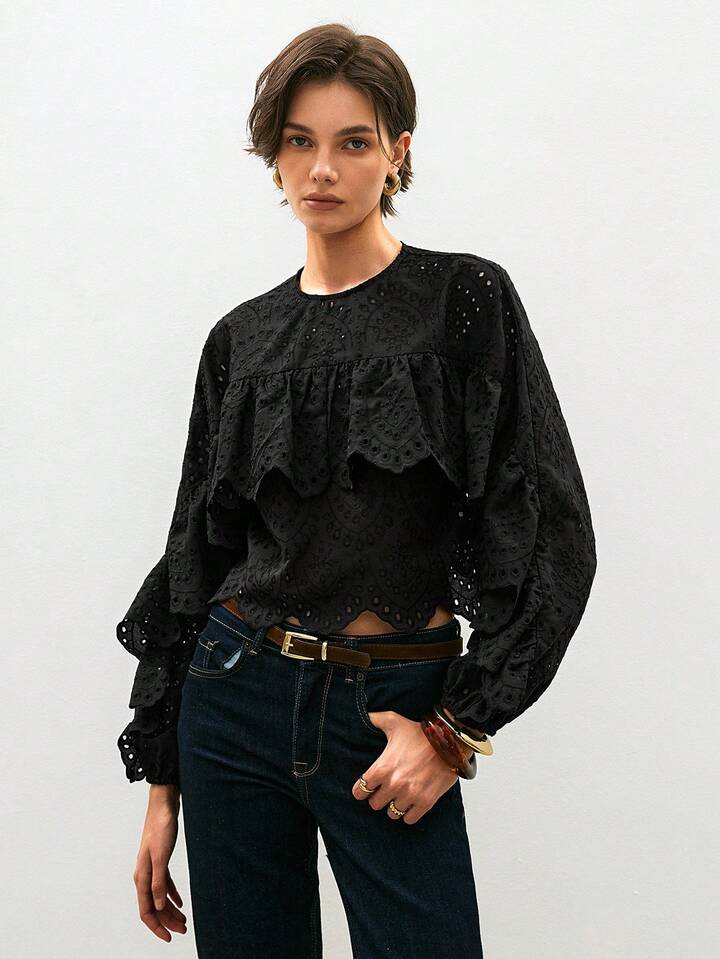 CM-TS493694 Women Trendy Bohemian Style Round Neck Long Sleeve Patchwork Ruffle Hollow Out Embroidery Blouse - Black
