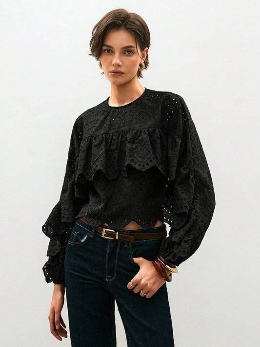 CM-TS493694 Women Trendy Bohemian Style Round Neck Long Sleeve Patchwork Ruffle Hollow Out Embroidery Blouse - Black