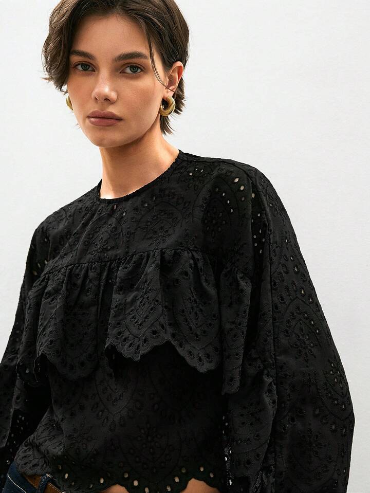 CM-TS493694 Women Trendy Bohemian Style Round Neck Long Sleeve Patchwork Ruffle Hollow Out Embroidery Blouse - Black