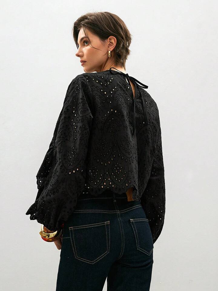CM-TS493694 Women Trendy Bohemian Style Round Neck Long Sleeve Patchwork Ruffle Hollow Out Embroidery Blouse - Black