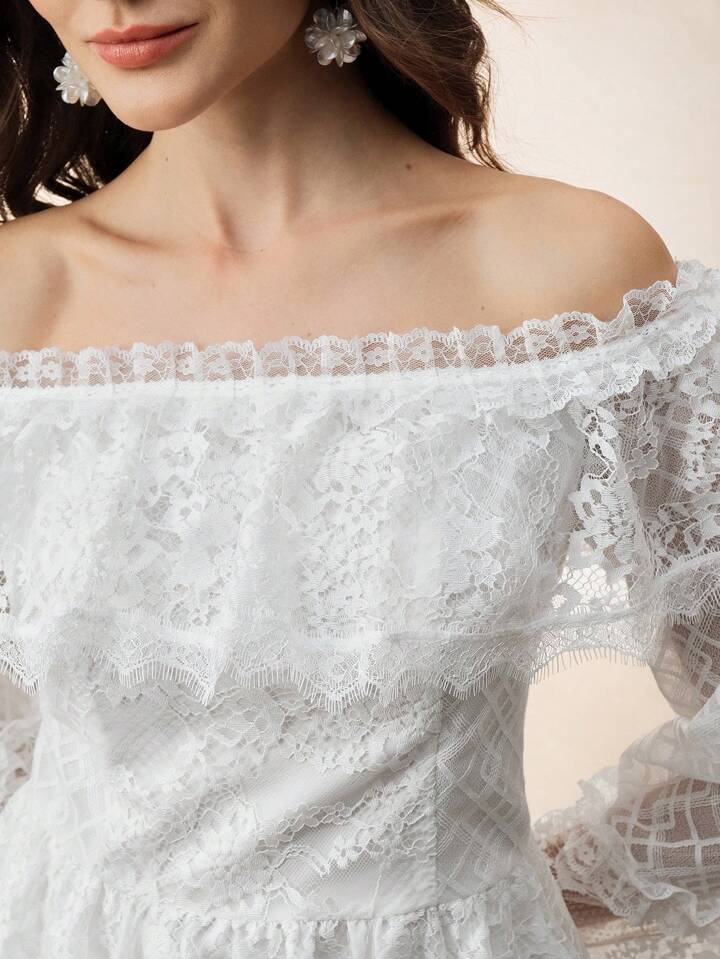 CM-TS399689 Women Elegant Seoul Style Solid Color Off-Shoulder Half-Sheer Lace Back Zipper Design Top - White