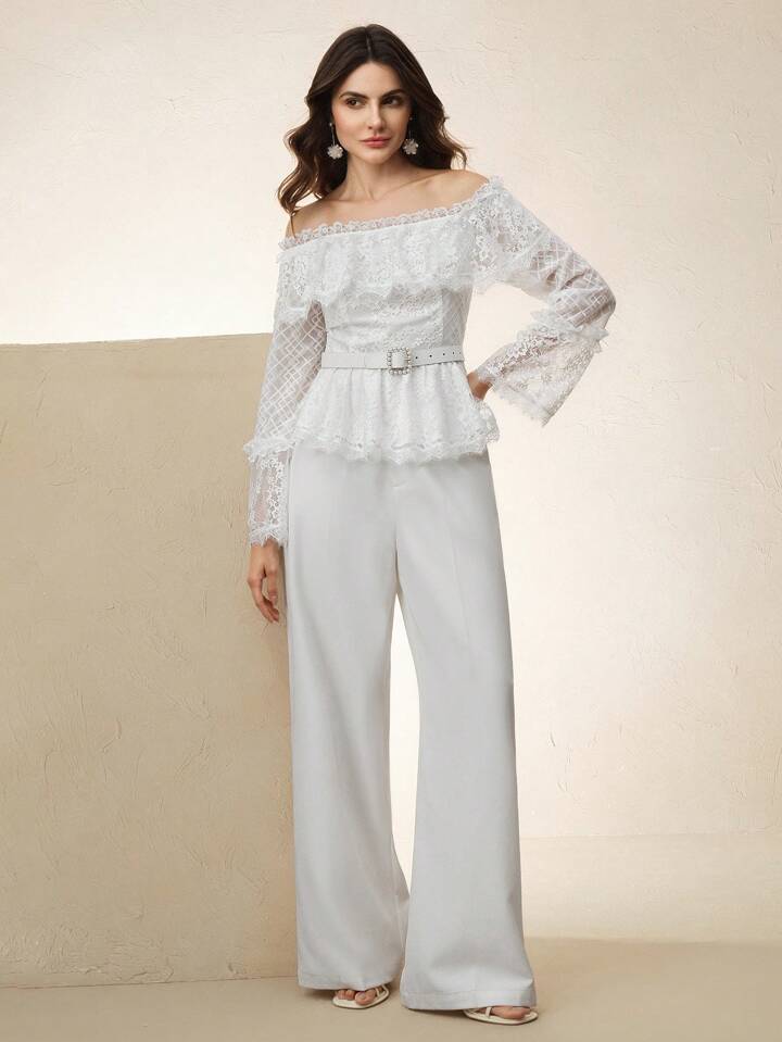CM-TS399689 Women Elegant Seoul Style Solid Color Off-Shoulder Half-Sheer Lace Back Zipper Design Top - White