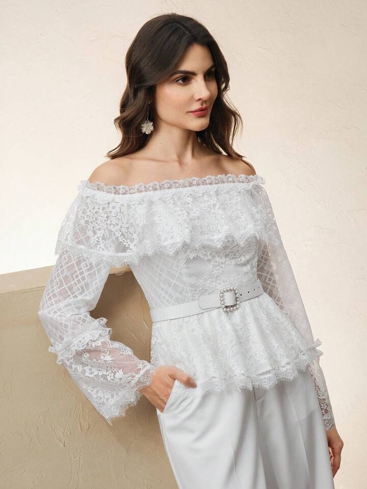 CM-TS399689 Women Elegant Seoul Style Solid Color Off-Shoulder Half-Sheer Lace Back Zipper Design Top - White