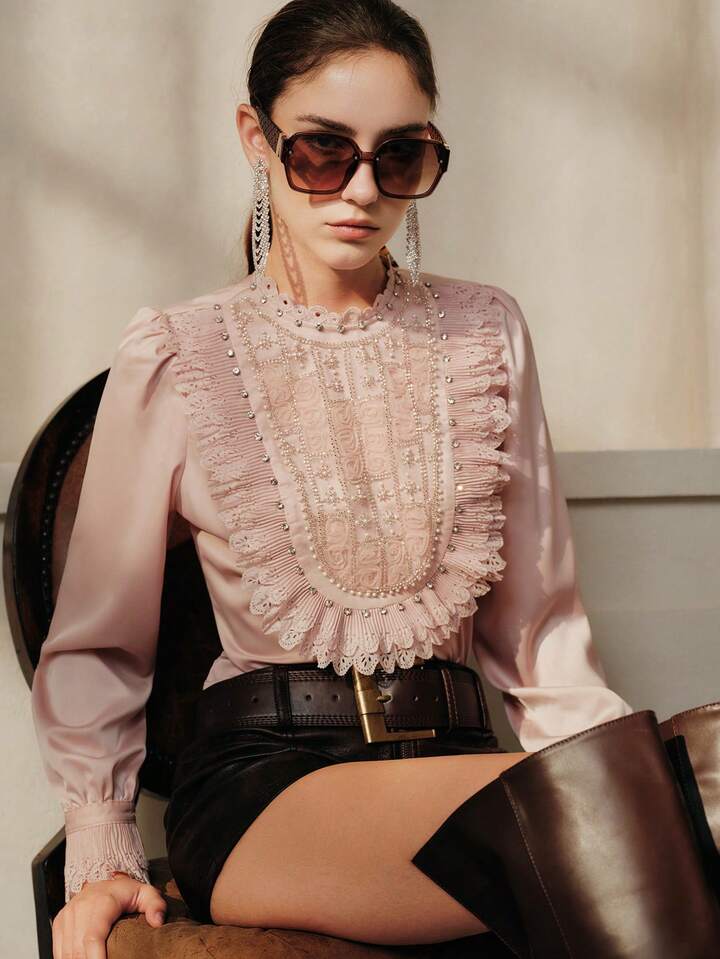 CM-TS941526 Women Elegant Seoul Style Beaded Floral Decor Stand Collar Lace Trim Double Layer Hollow Ruffle Hem Blouse