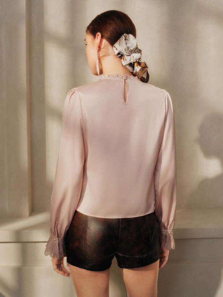 CM-TS941526 Women Elegant Seoul Style Beaded Floral Decor Stand Collar Lace Trim Double Layer Hollow Ruffle Hem Blouse