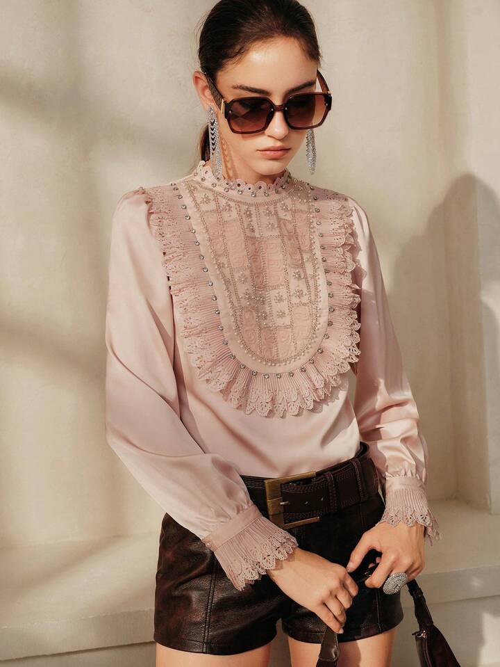 CM-TS941526 Women Elegant Seoul Style Beaded Floral Decor Stand Collar Lace Trim Double Layer Hollow Ruffle Hem Blouse