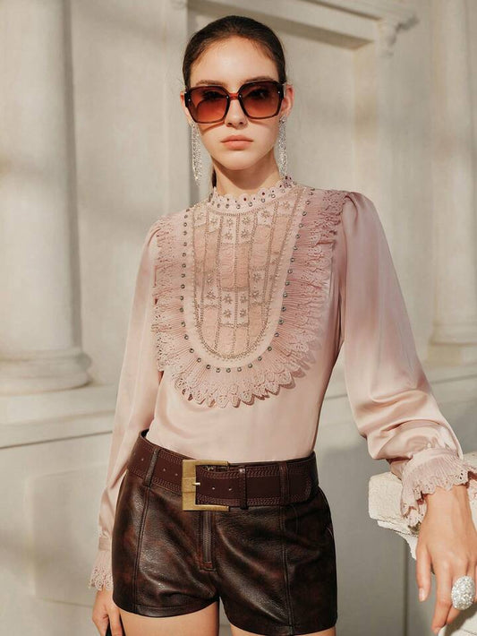 CM-TS941526 Women Elegant Seoul Style Beaded Floral Decor Stand Collar Lace Trim Double Layer Hollow Ruffle Hem Blouse