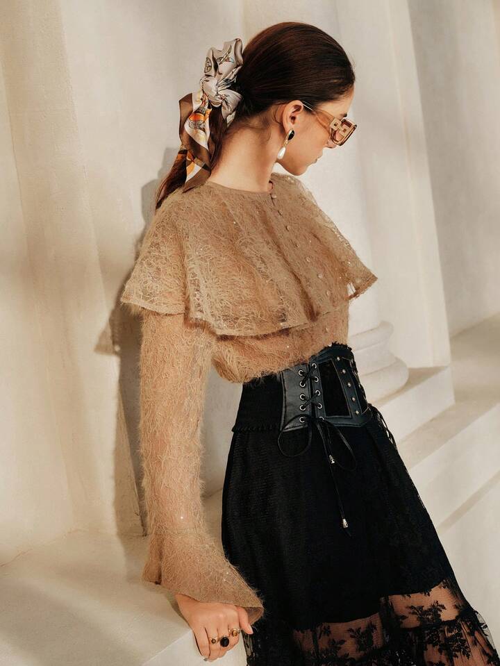 CM-TS650408 Women Elegant Seoul Style Peter Pan Collar Long Sleeve Flowy Lace Blouse - Khaki