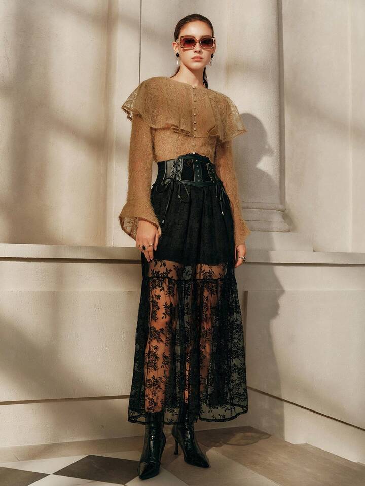 CM-TS650408 Women Elegant Seoul Style Peter Pan Collar Long Sleeve Flowy Lace Blouse - Khaki