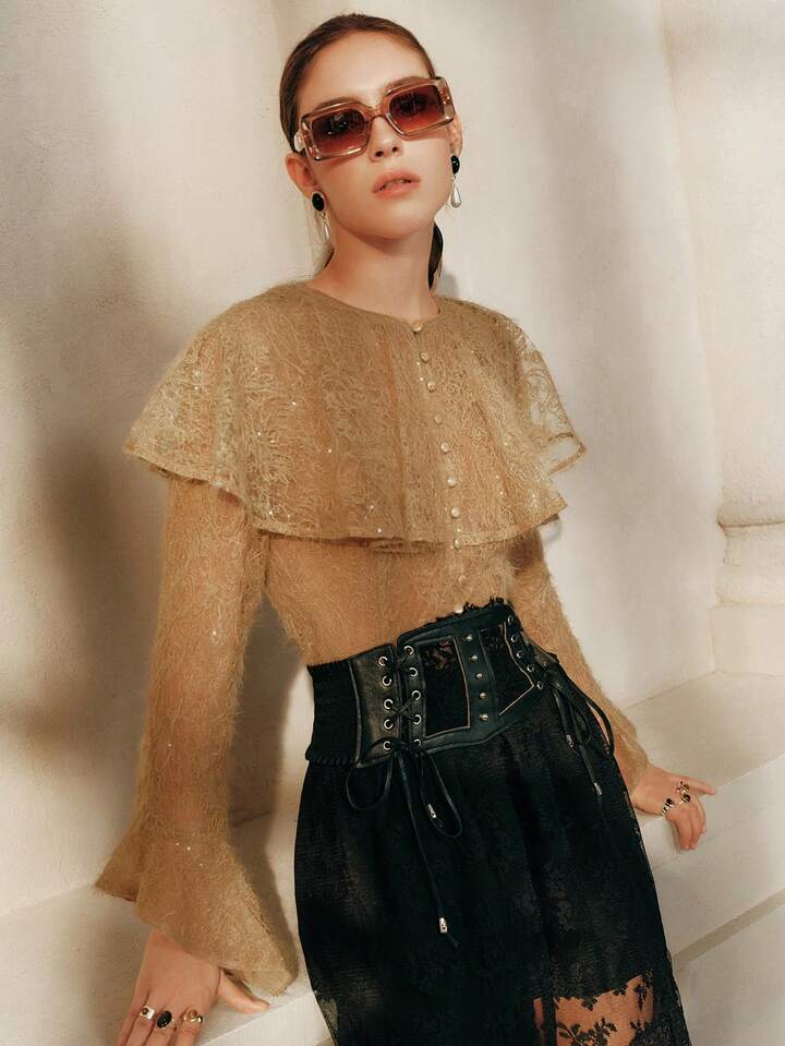 CM-TS650408 Women Elegant Seoul Style Peter Pan Collar Long Sleeve Flowy Lace Blouse - Khaki