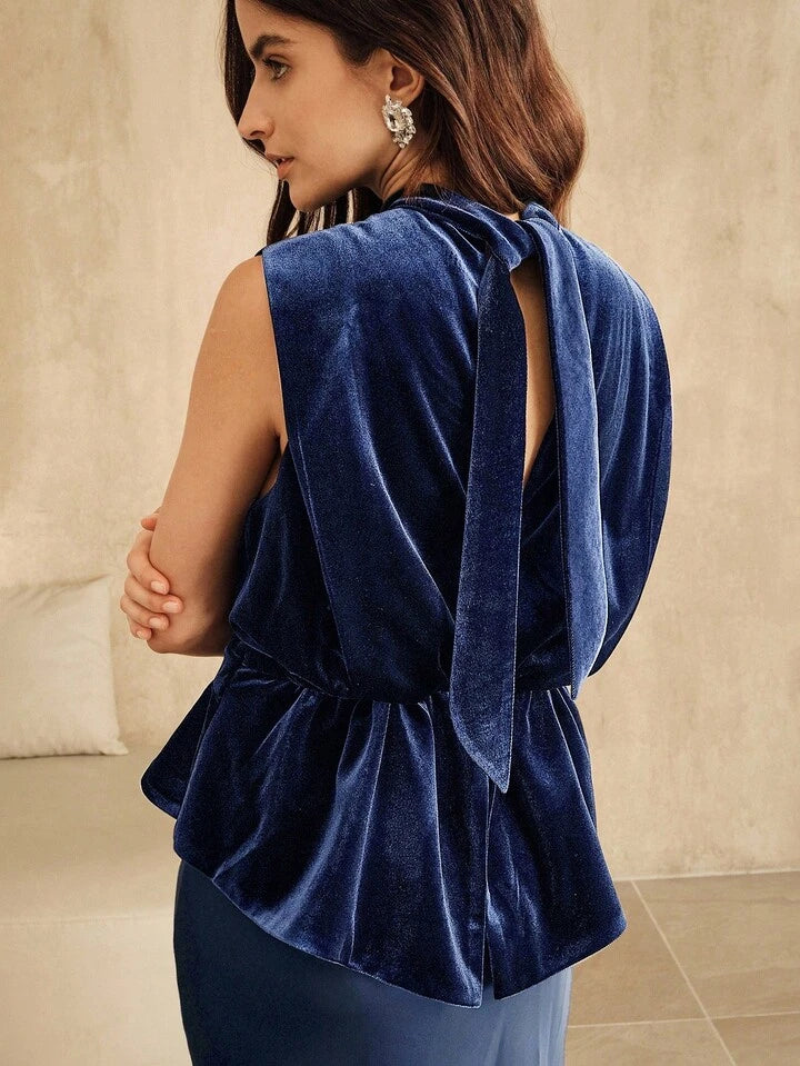 CM-TS205464 Women Elegant Seoul Style Stand Collar Rhinestone Decor Velvet Slim Fit Camisole - Royal Blue