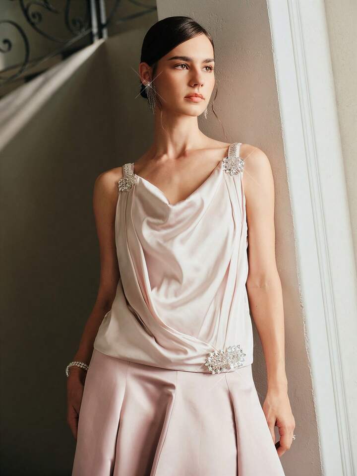 CM-TS949364 Women Elegant Seoul Style Satin Studded Camisole Cowl Neck Sleeveless Blouse - Champagne