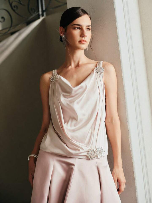 CM-TS949364 Women Elegant Seoul Style Satin Studded Camisole Cowl Neck Sleeveless Blouse - Champagne