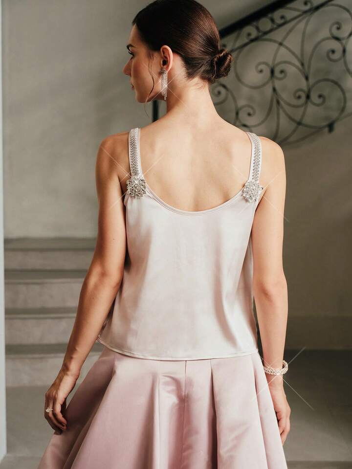 CM-TS949364 Women Elegant Seoul Style Satin Studded Camisole Cowl Neck Sleeveless Blouse - Champagne