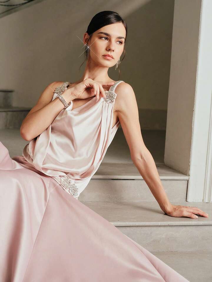 CM-TS949364 Women Elegant Seoul Style Satin Studded Camisole Cowl Neck Sleeveless Blouse - Champagne