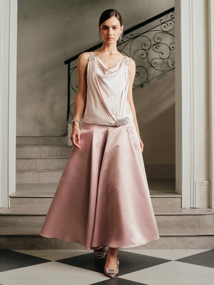 CM-TS949364 Women Elegant Seoul Style Satin Studded Camisole Cowl Neck Sleeveless Blouse - Champagne