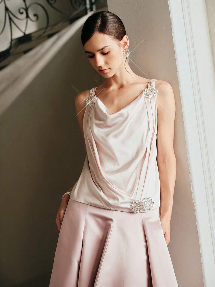 CM-TS949364 Women Elegant Seoul Style Satin Studded Camisole Cowl Neck Sleeveless Blouse - Champagne