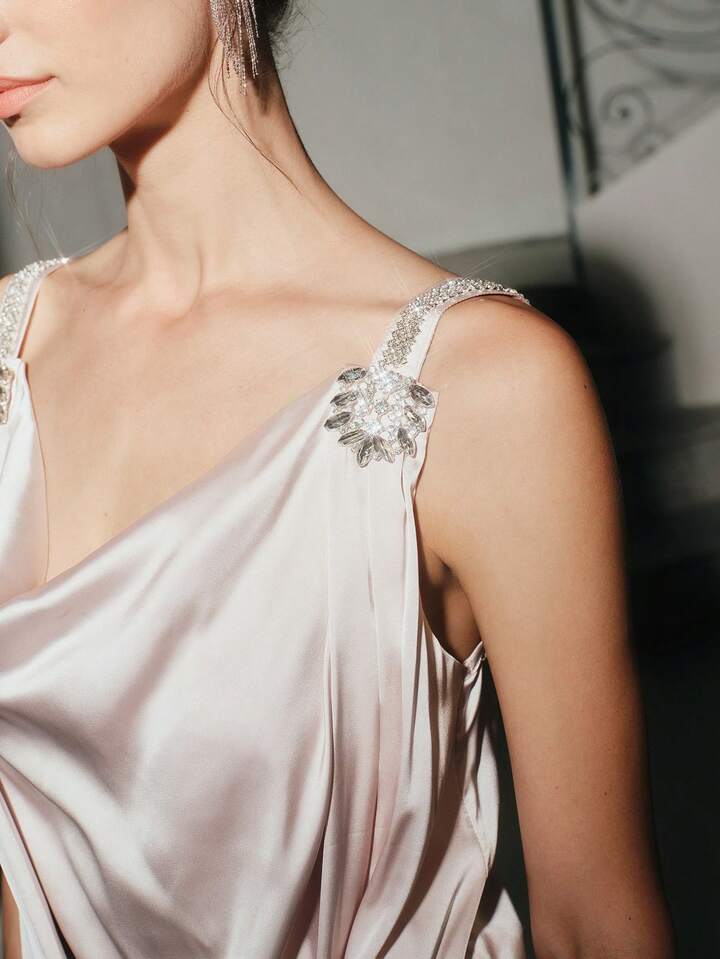 CM-TS949364 Women Elegant Seoul Style Satin Studded Camisole Cowl Neck Sleeveless Blouse - Champagne