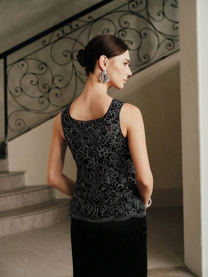 CM-TS300339 Women Elegant Seoul Style Embroidery Cut-Out Beaded Handmade Sleeveless Top - Black