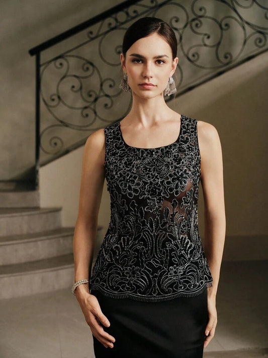 CM-TS300339 Women Elegant Seoul Style Embroidery Cut-Out Beaded Handmade Sleeveless Top - Black