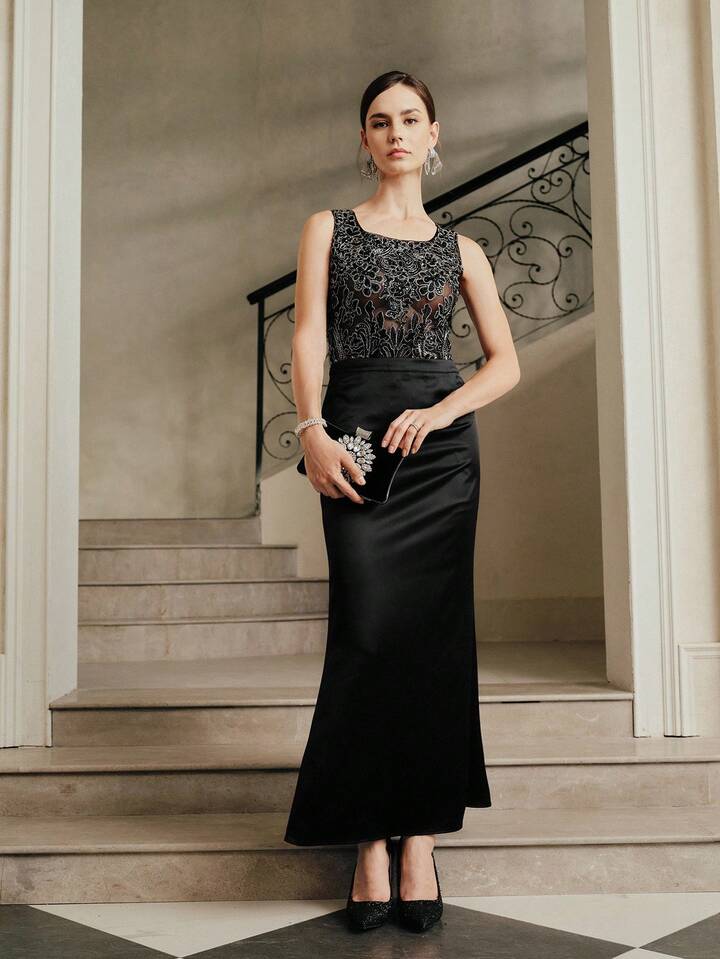 CM-TS300339 Women Elegant Seoul Style Embroidery Cut-Out Beaded Handmade Sleeveless Top - Black