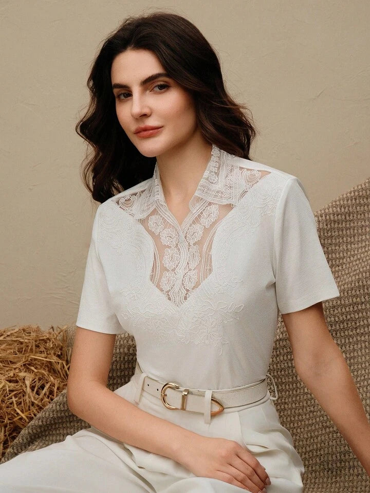 CM-TS494343 Women Casual Seoul Style Square Neck Lace Patchwork Short Sleeve T-Shirt - White