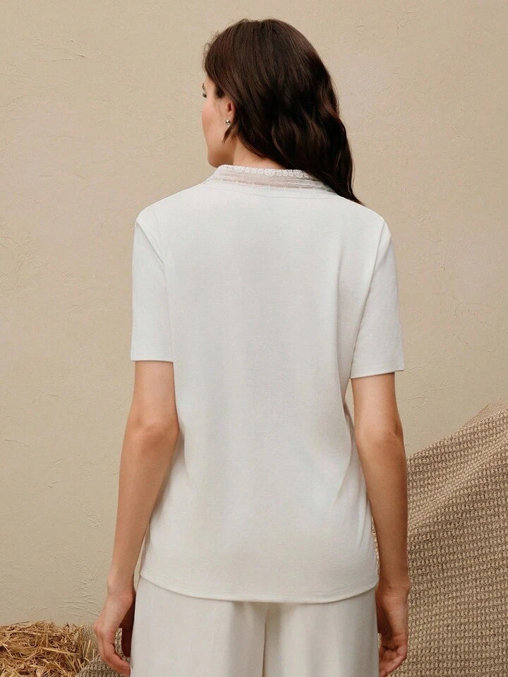 CM-TS494343 Women Casual Seoul Style Square Neck Lace Patchwork Short Sleeve T-Shirt - White